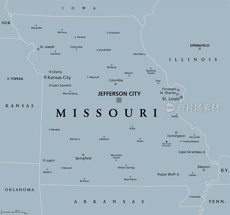 密苏里州，密苏里州，灰色的政治地图，美国的州，Show Me state